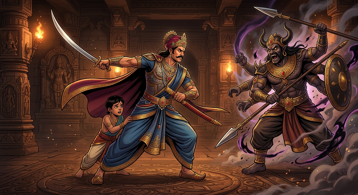 King Chandraprabha drawing his sword fearlessly to shield his companion from the demon