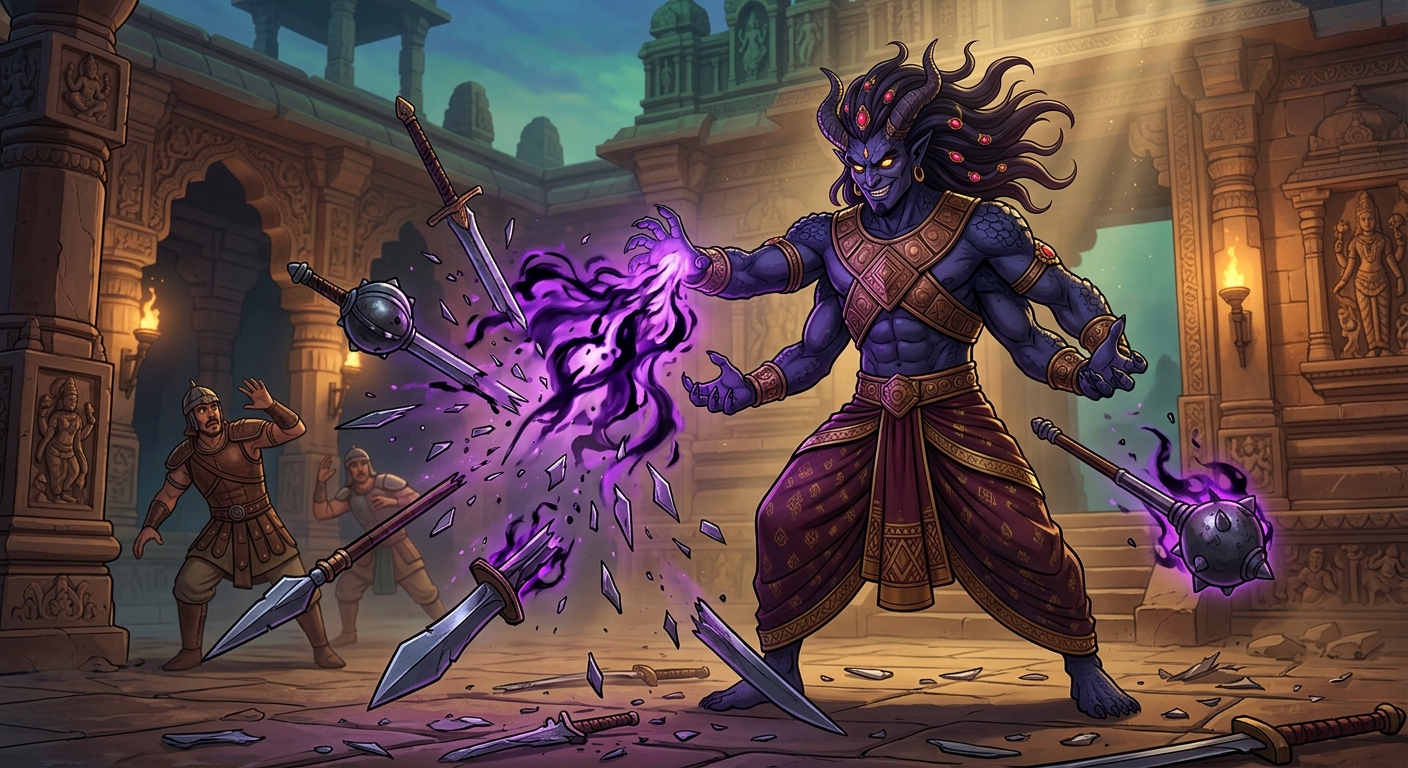 The demon shattering metal weapons with dark occult magic, mocking mortal steel