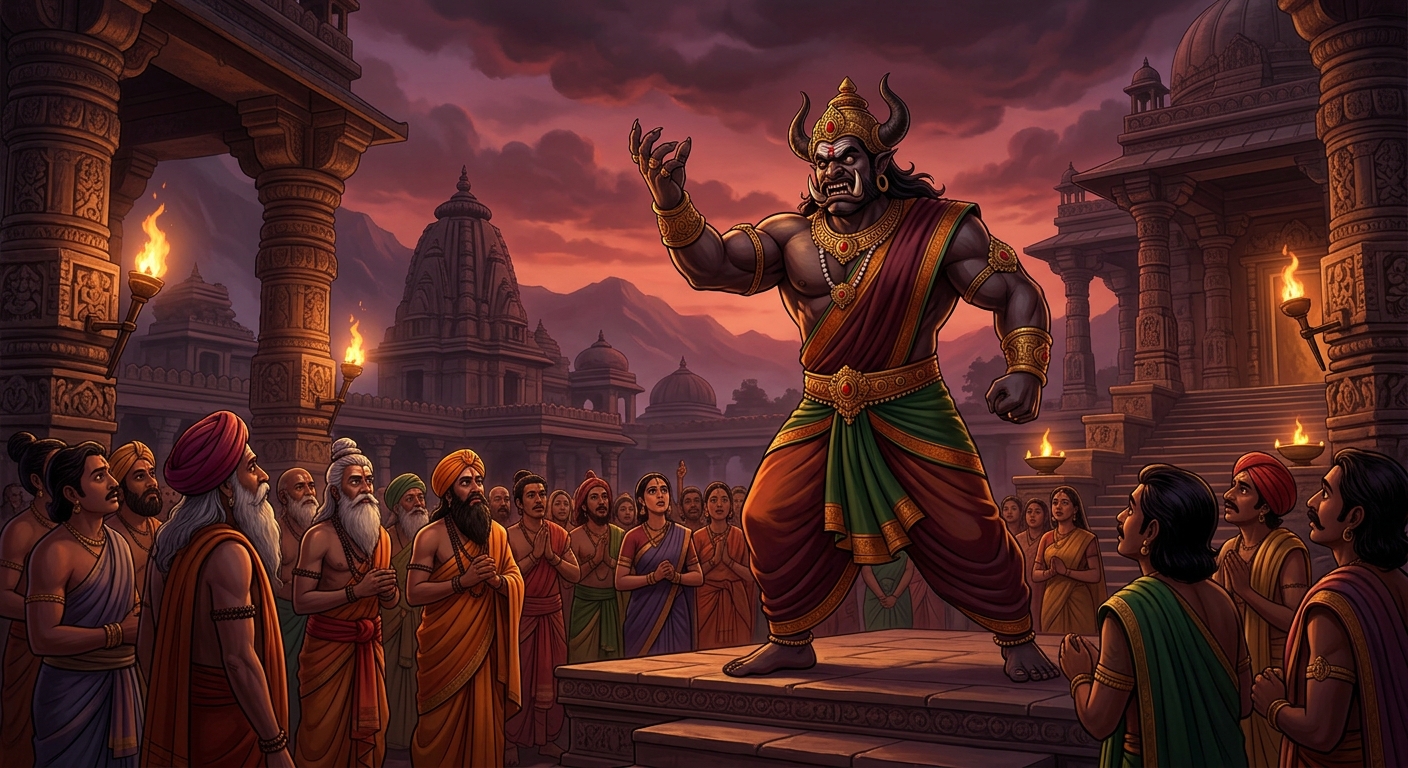 The demon delivering his terrible ultimatum under the ominous twilight canopy