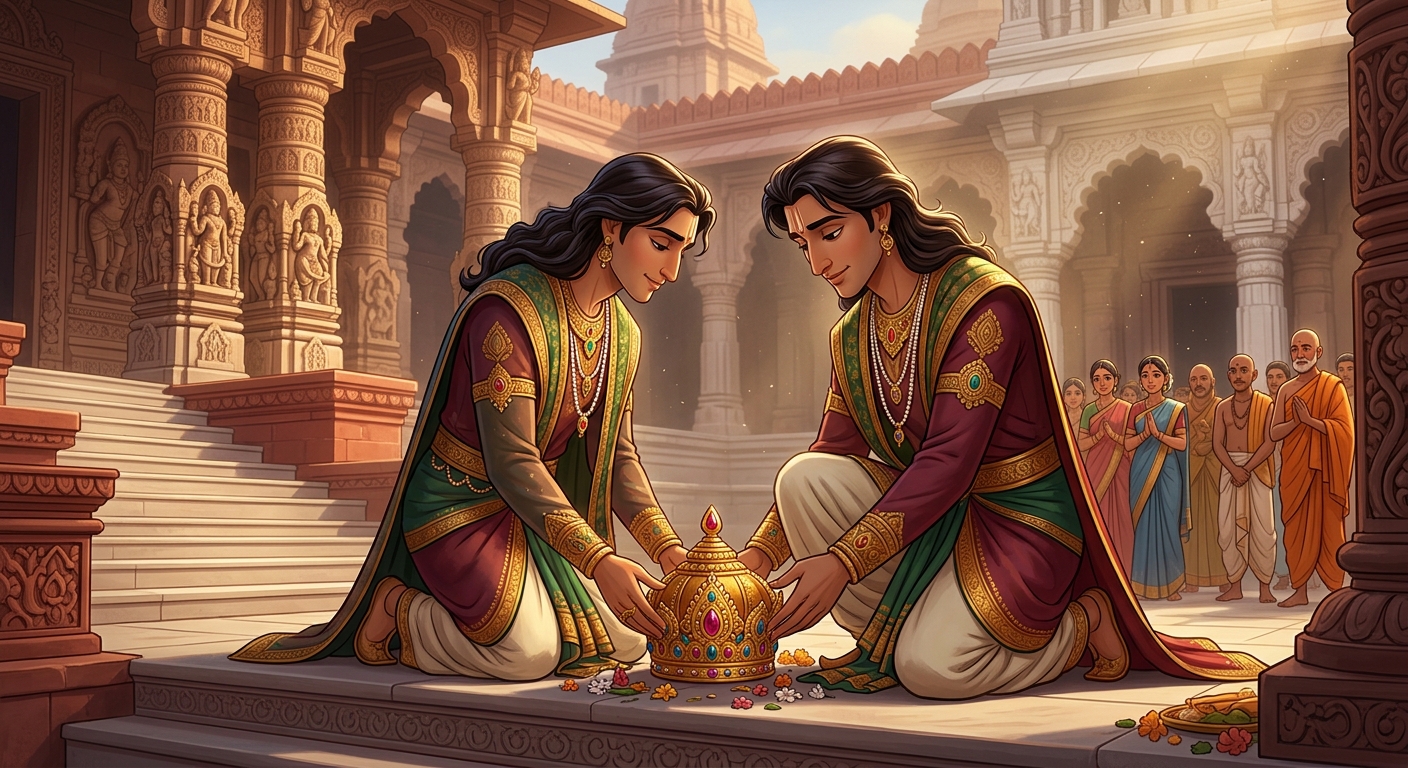 King Chandraprabha calmly taking off his royal crown and laying it upon the earth