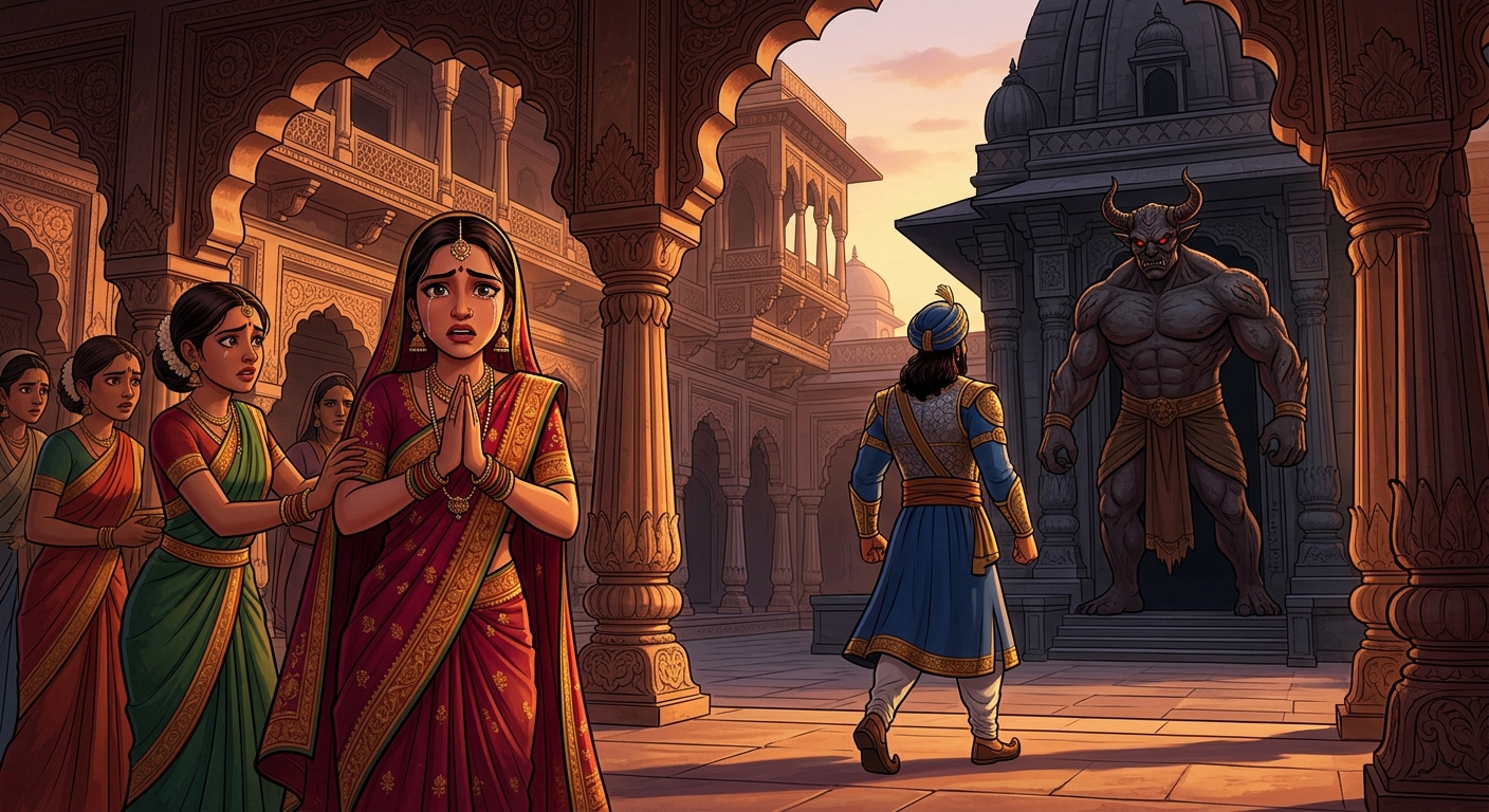 Jivadhara protesting in anguish as the King steps forward toward the demon