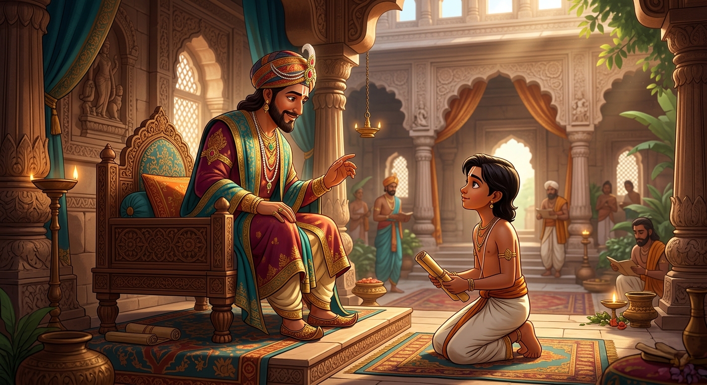 King Chandraprabha gently explaining the supreme duty of a ruler to the young scholar
