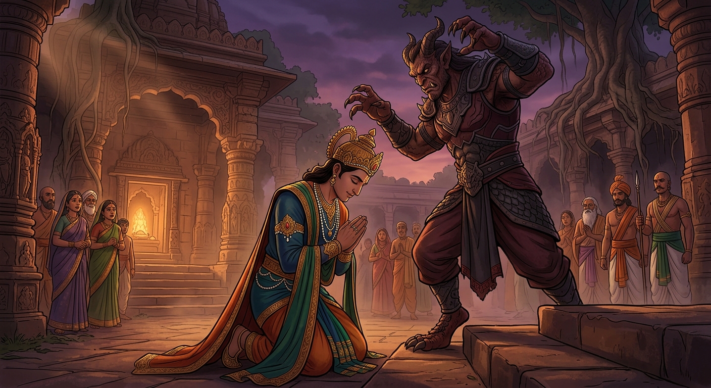 King Chandraprabha offering his neck serenely beneath the demon's raised talons