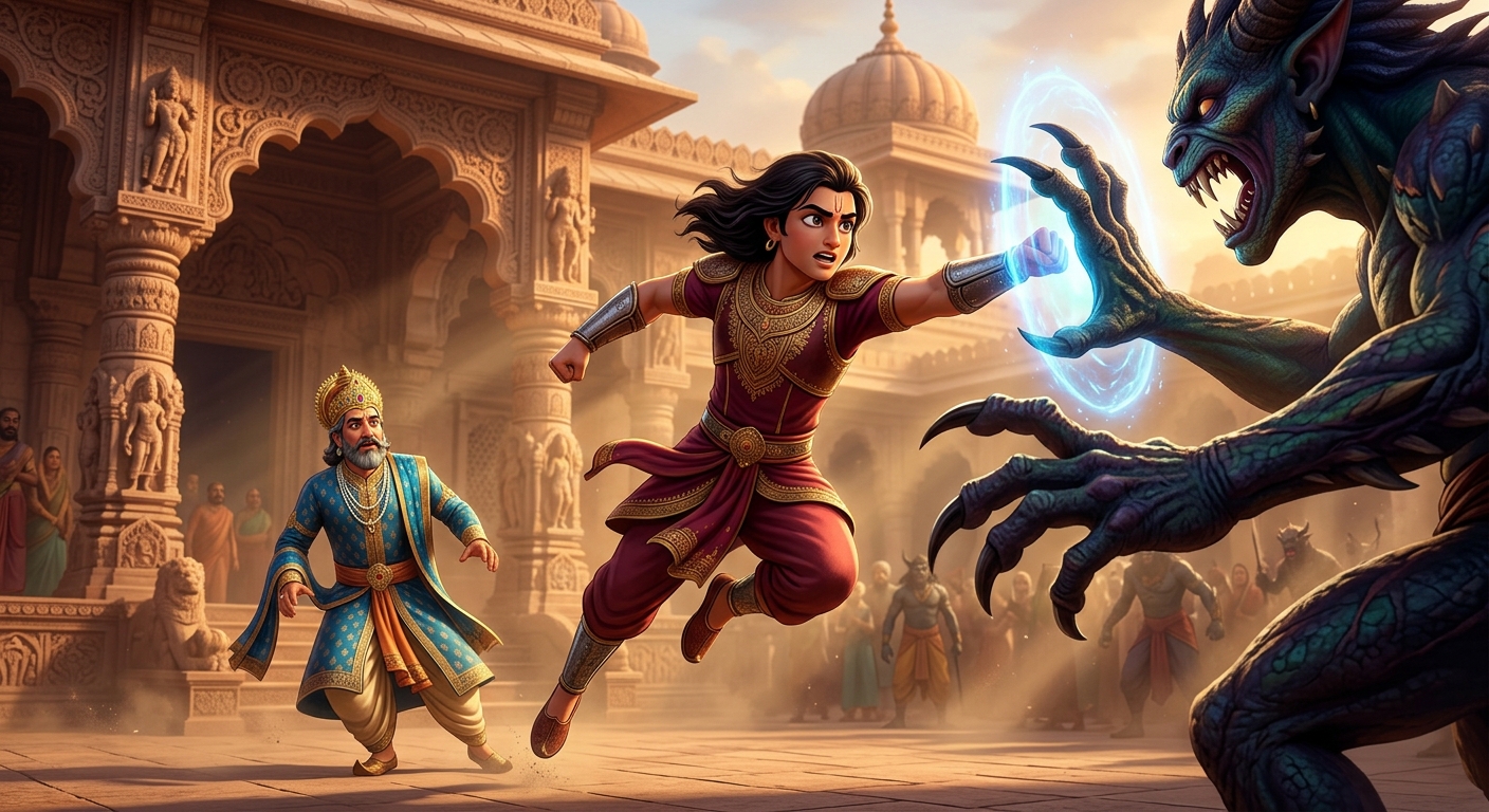 Jivadhara leaping courageously in front of the demon's talons to shield King Chandraprabha