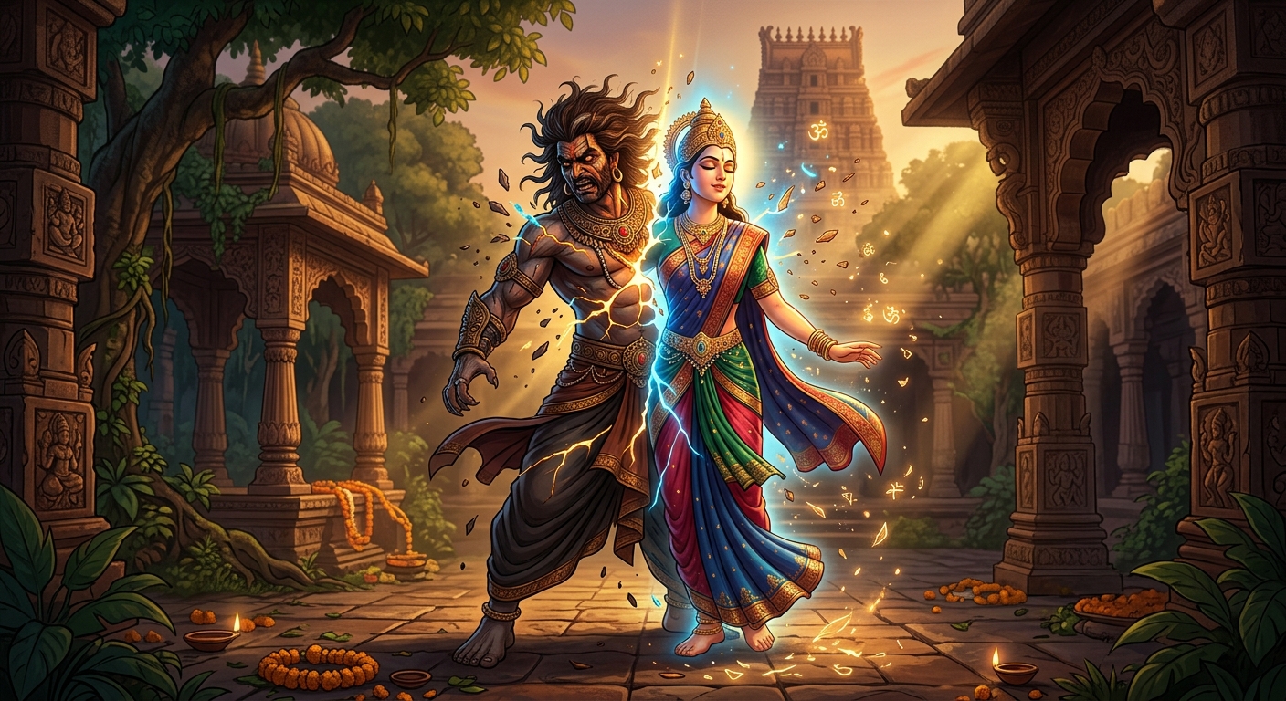 The Brahma-Rakshasa transforming into a radiant divine being as the ancient curse shatters