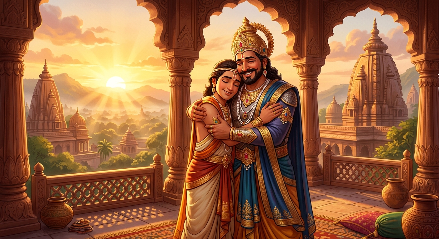 King Chandraprabha embracing Jivadhara like a beloved son under the golden rays of dawn