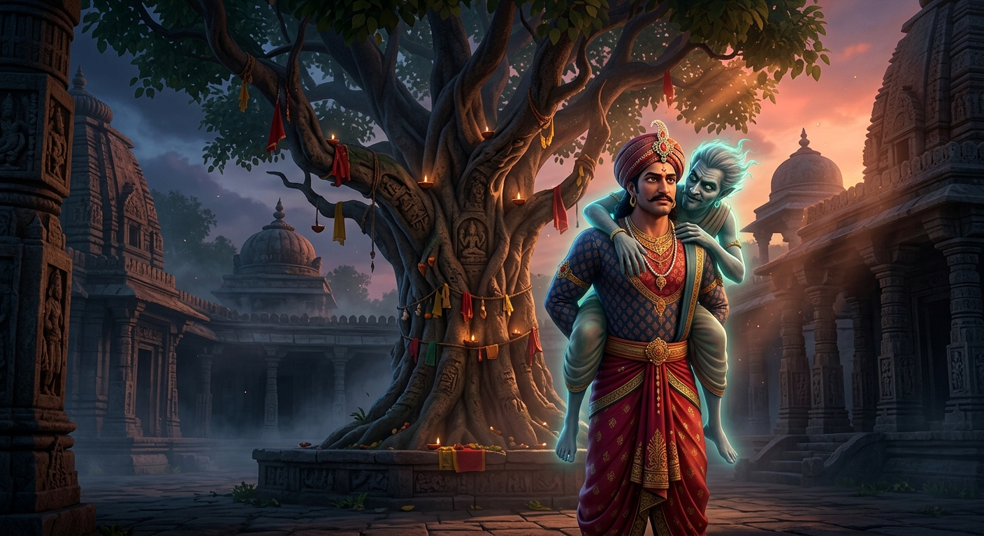 King Vikramaditya carrying Betal near the haunted Shinshapa tree as Betal poses the ultimate moral question