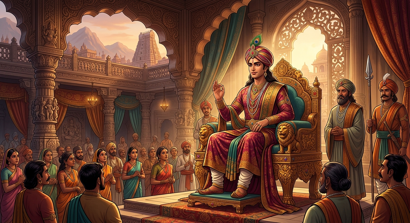 King Vikramaditya delivering his discerning philosophical judgment with utter composure