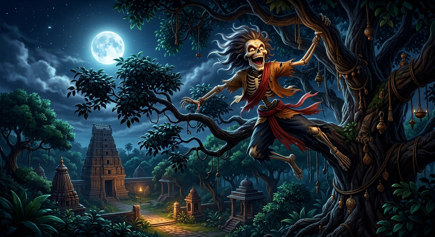 Betal cackling wildly and flying high into the dark branches of the Shinshapa tree