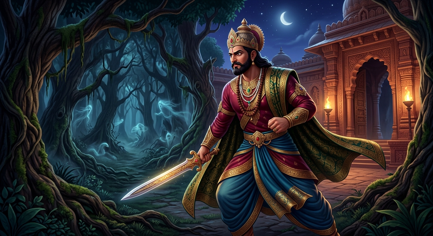 King Vikramaditya firmly gripping his sword and turning back into the haunted forest with unyielding resolve