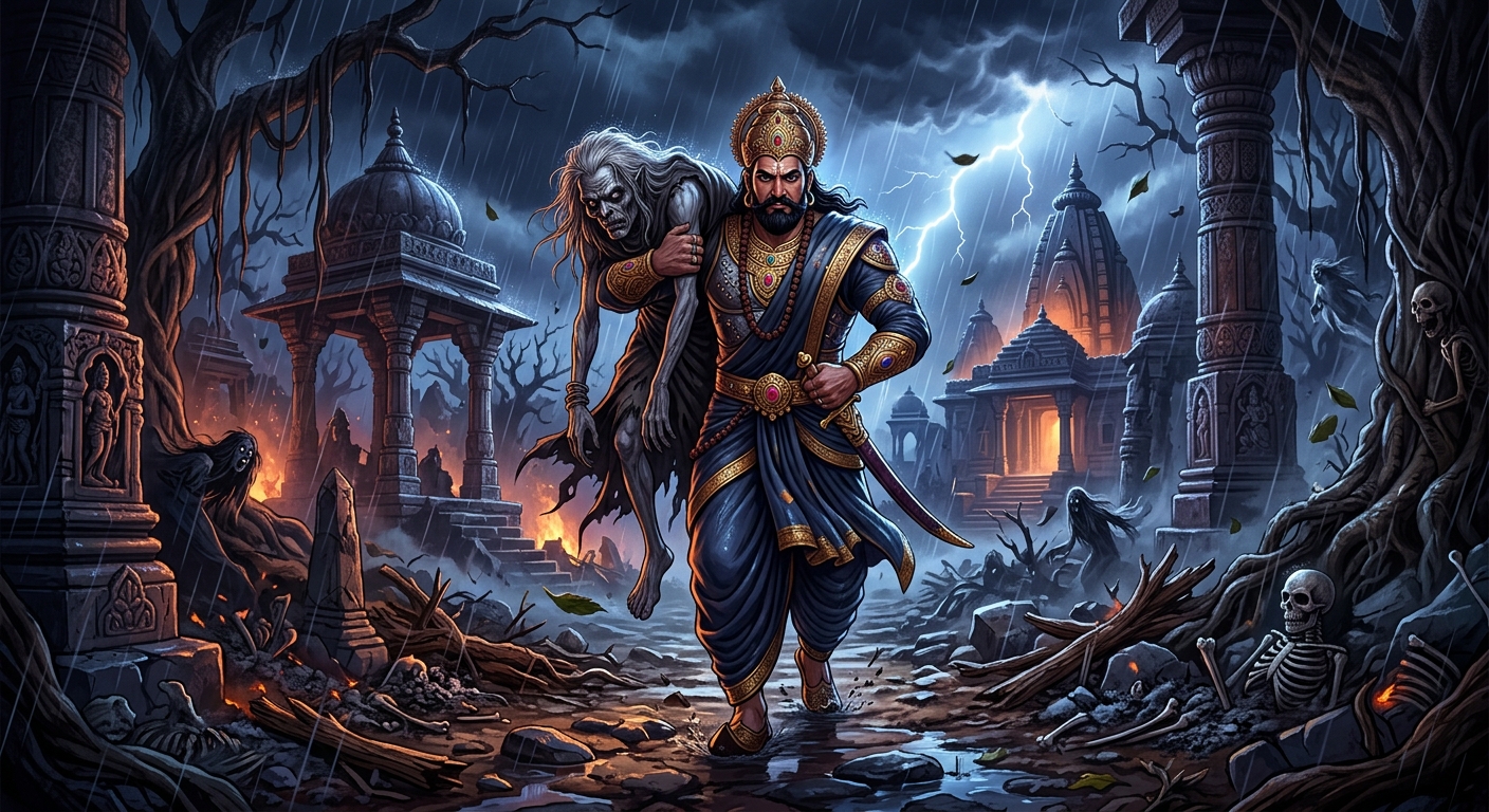 King Vikramaditya carrying Betal across the haunted cremation ground under a midnight storm