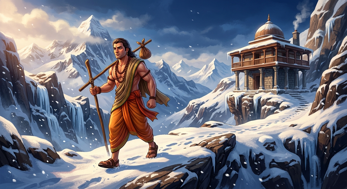 Chandraswami journeying through the high snowbound Himalayas toward the legendary master's hermitage