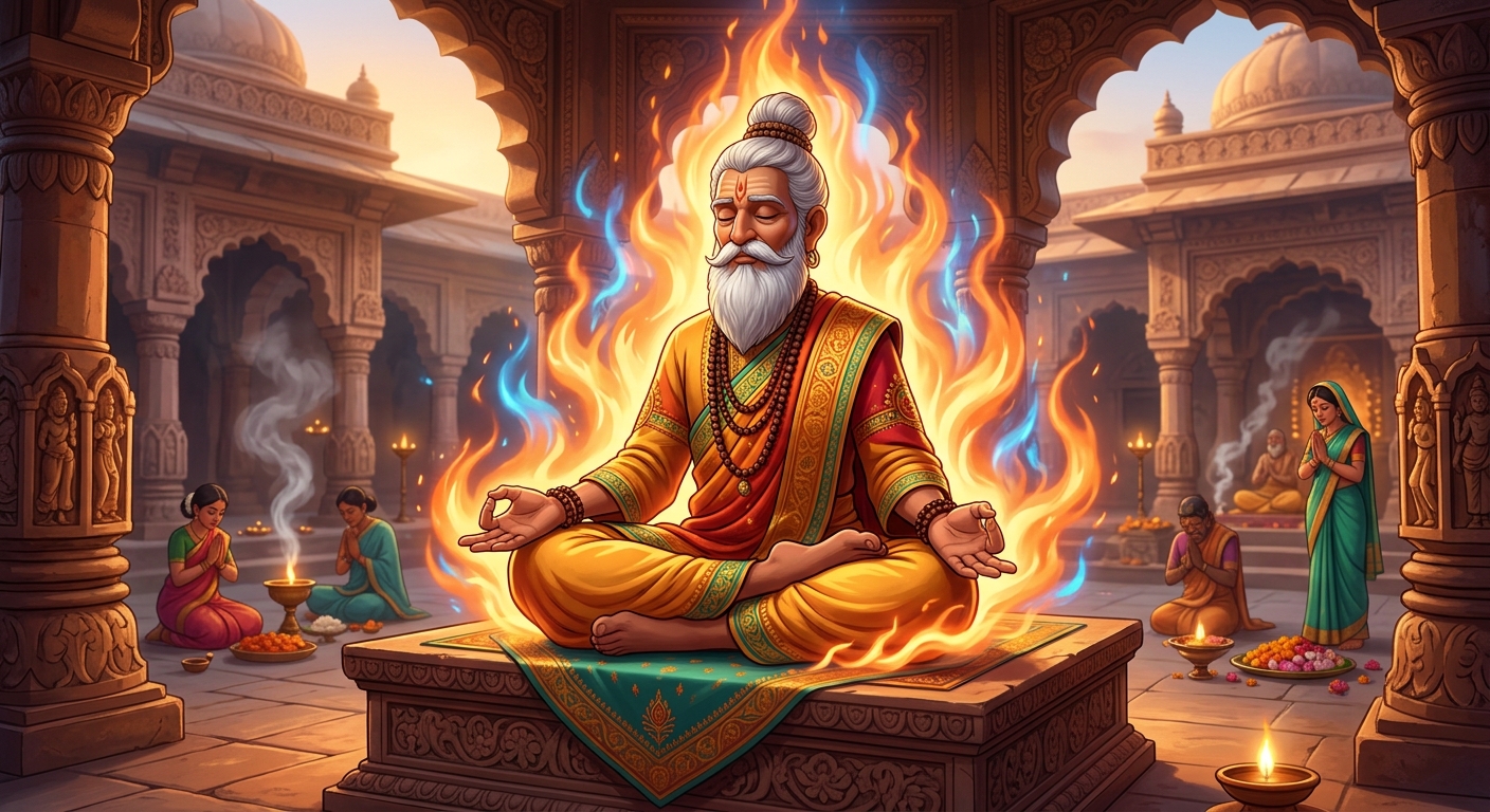 Guru Kshemeshvara seated in majestic meditation surrounded by glowing mystic flames