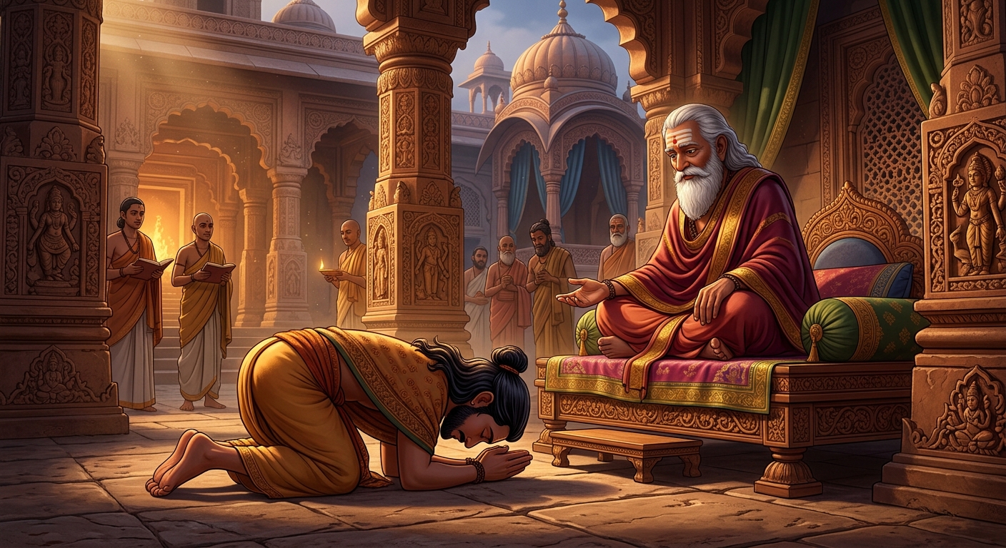 Chandraswami prostrating before the master, pleading for immediate initiation into the Vidyas
