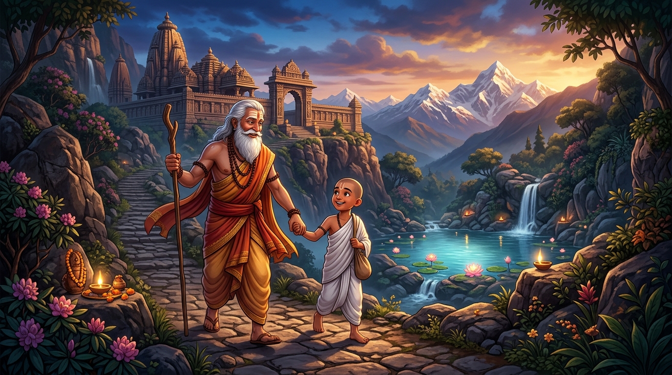 Guru Kshemeshvara smiling gently as he leads the disciple toward the sacred mountain pool