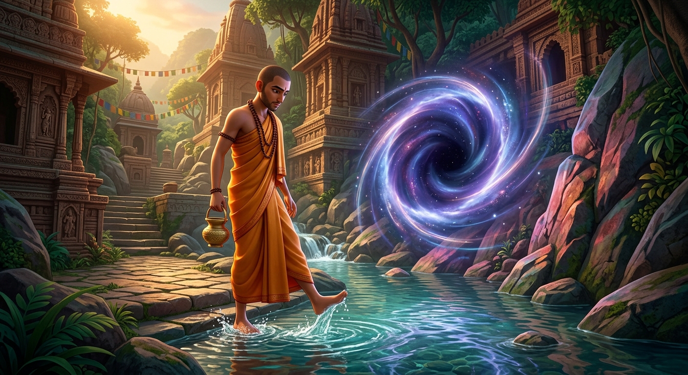 Chandraswami stepping into the sacred mountain waters, unaware of the cosmic vortex awaiting him