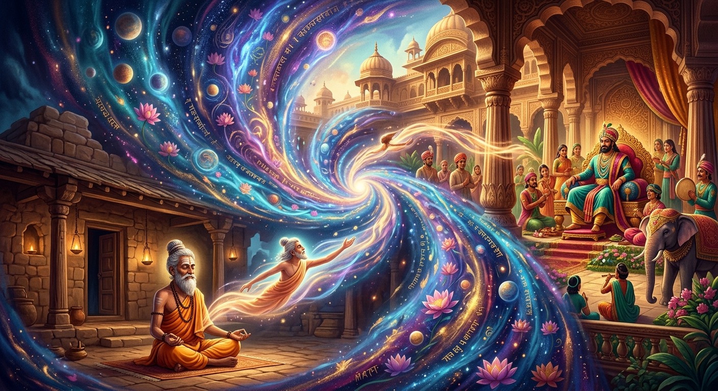 The swirling vortex of Maya transporting Chandraswami's consciousness into a grand royal life