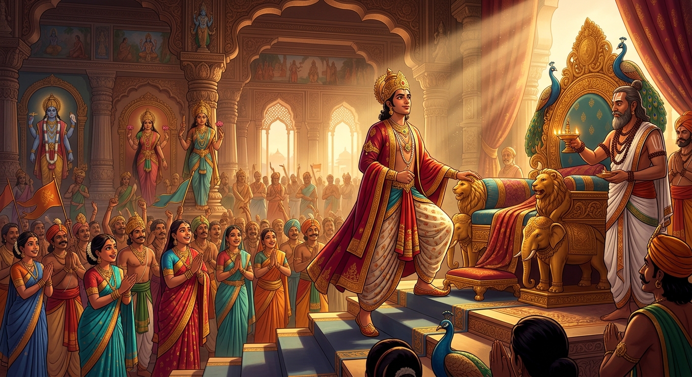Chandraswami ascending the golden throne as supreme monarch of a vast prosperous empire