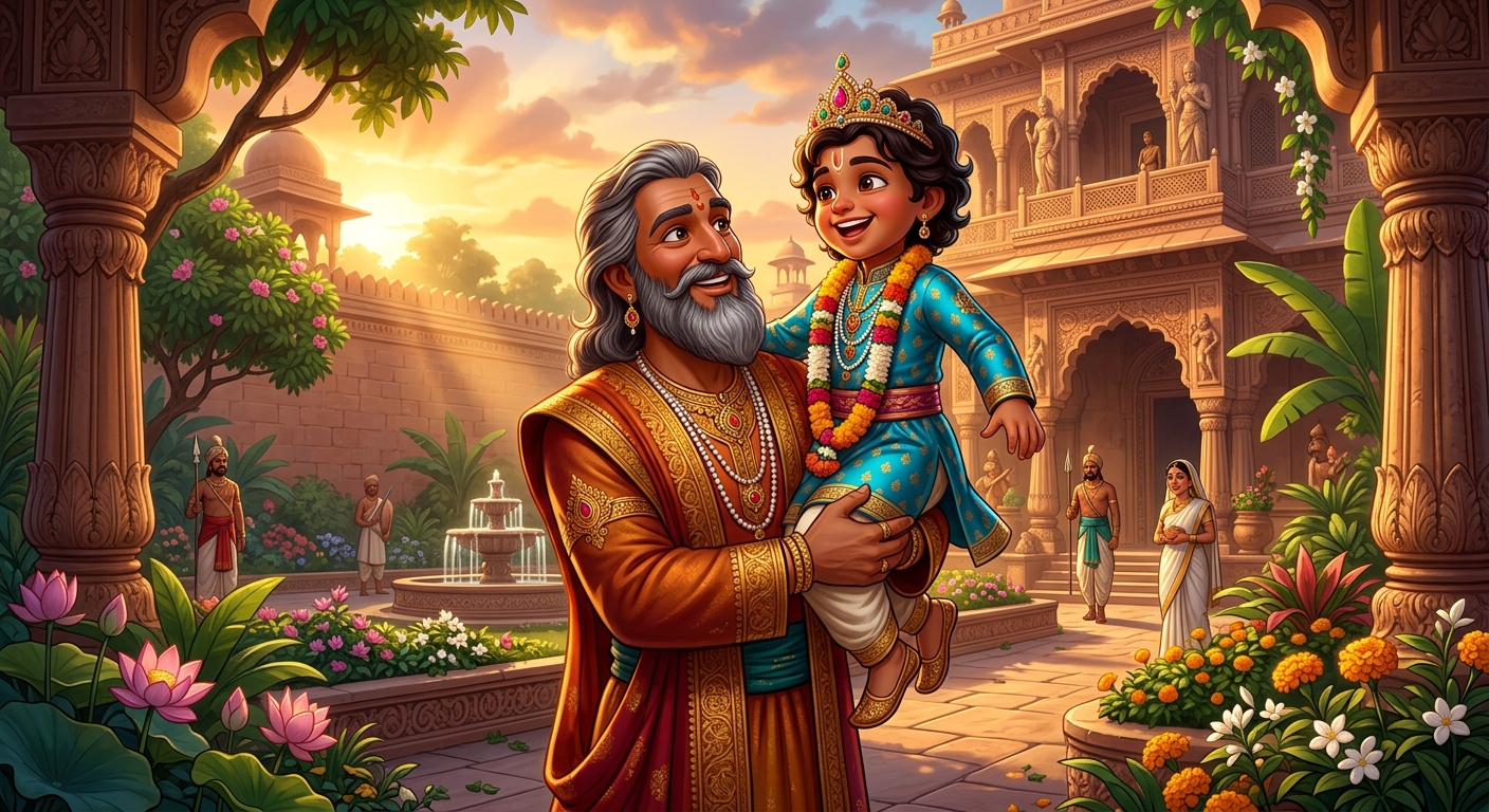 Chandraswami holding his radiant young son Prince Harshavardhana in the royal gardens