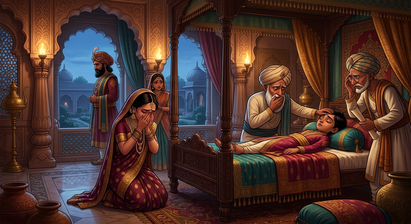 The young prince falling fatally ill as physicians despair and the Queen weeps