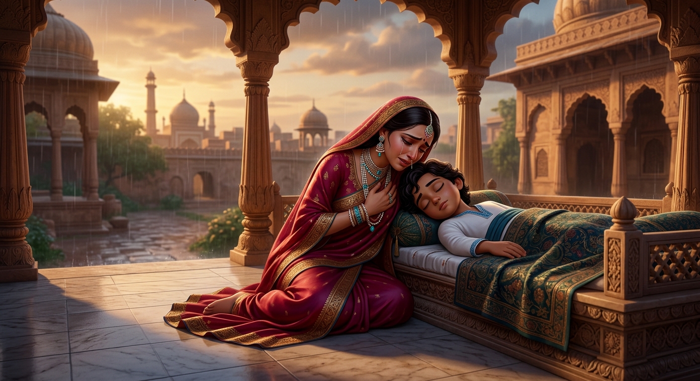 Queen Padmavati collapsing of a broken heart beside the body of her beloved son