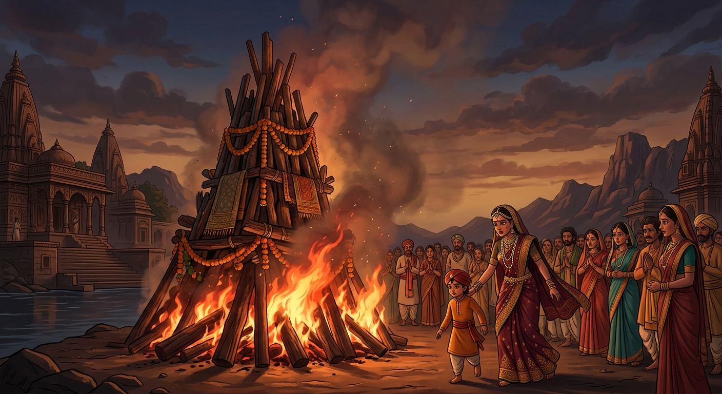 The towering funeral pyre consuming both queen and son on the desolate riverbank