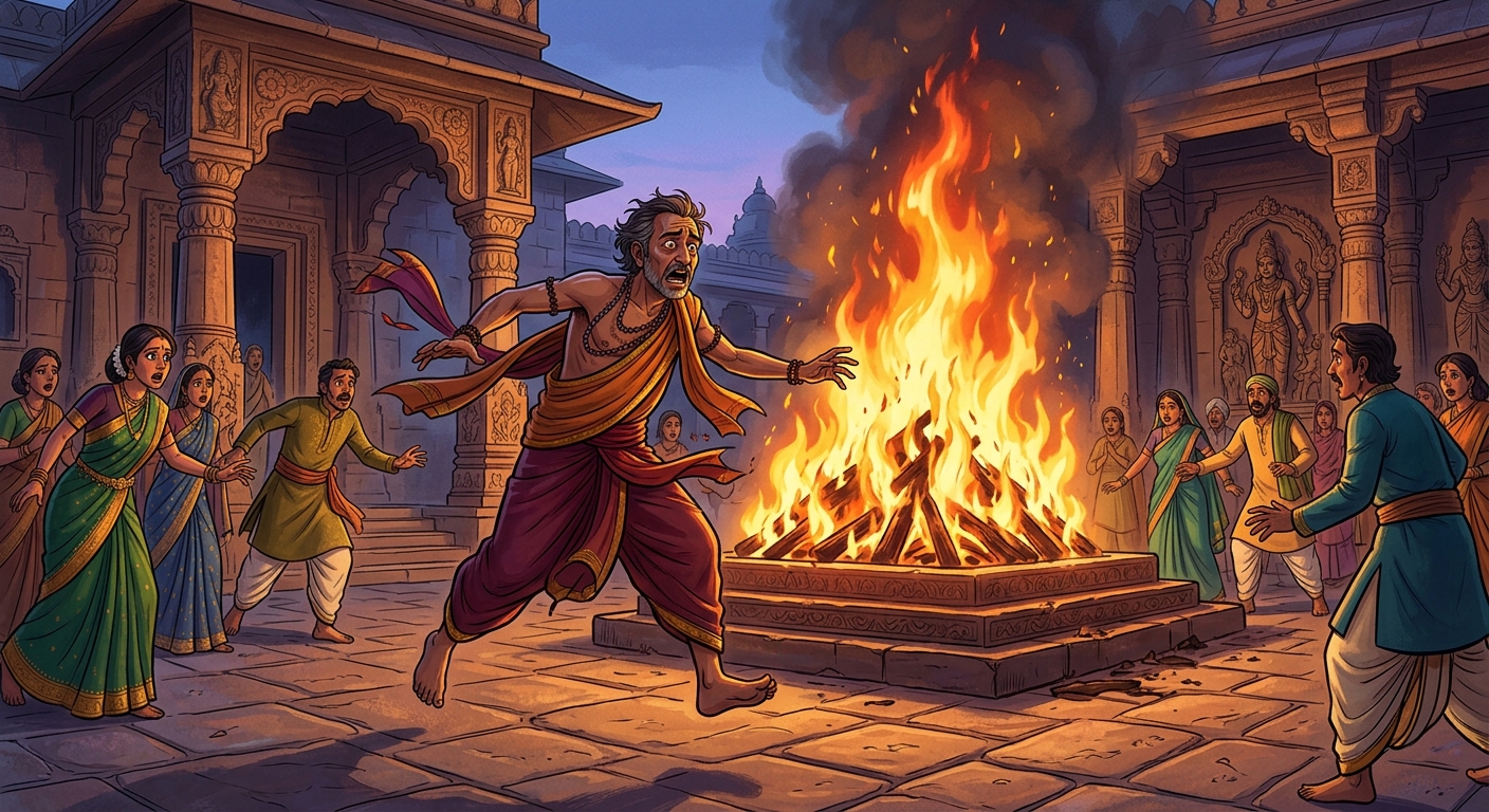 Chandraswami in supreme grief leaping toward the roaring fire to end his life