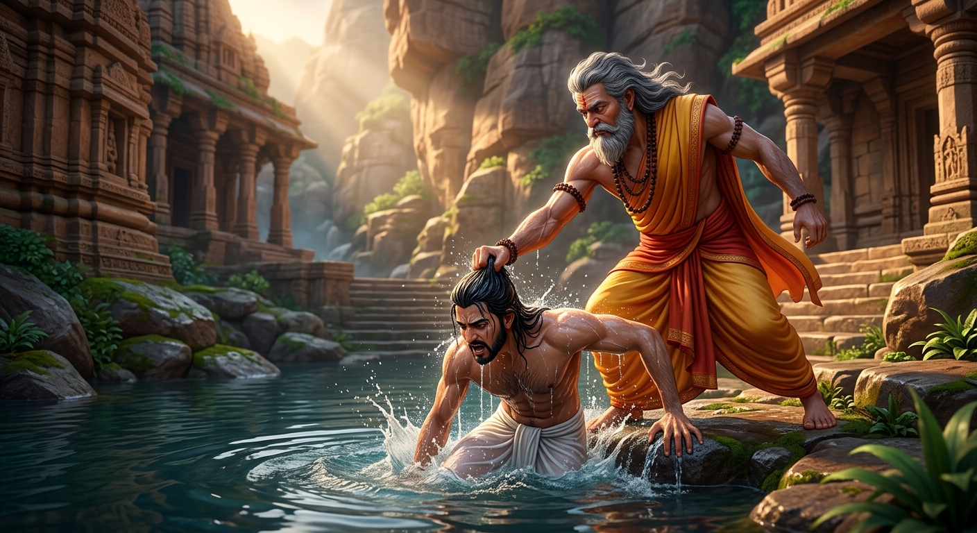 Guru Kshemeshvara's hand gripping Chandraswami's wet hair and pulling him out of the mountain pool