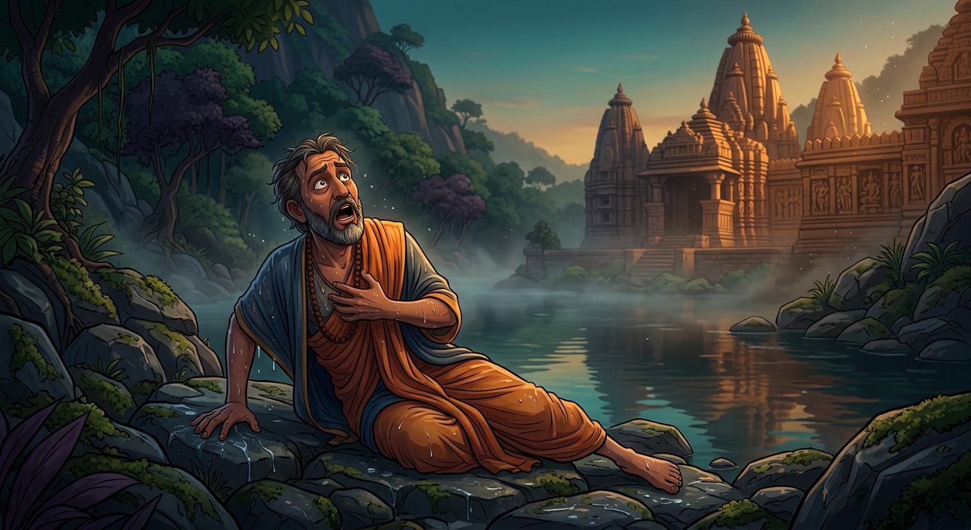 Chandraswami gasping for breath on the rocky bank of the serene mountain pond, disoriented and trembling