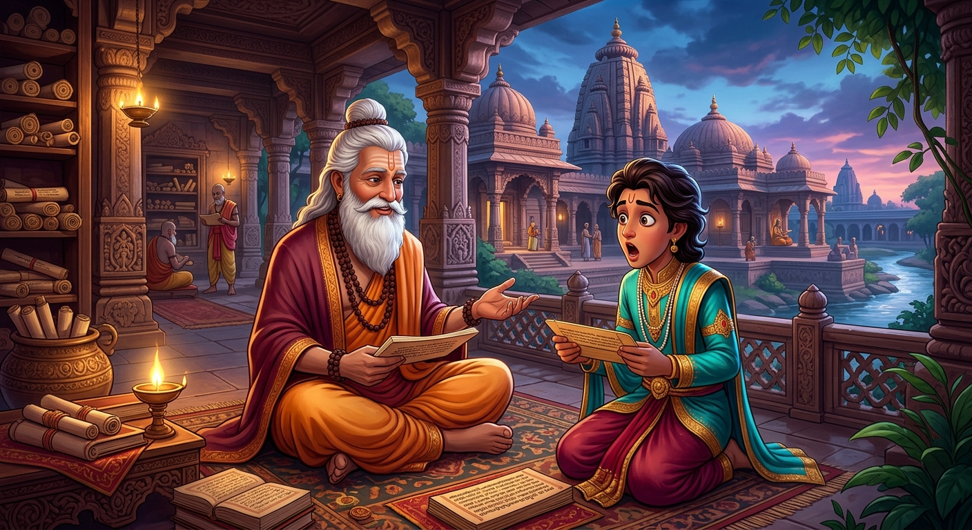 Guru Kshemeshvara calmly explaining the nature of time and mind to the stunned scholar