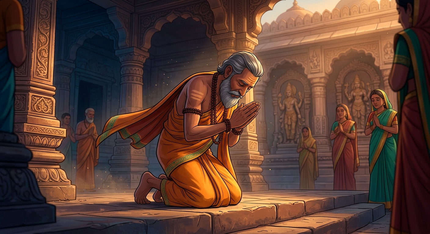 Chandraswami falling to his knees in profound spiritual humility and true detachment