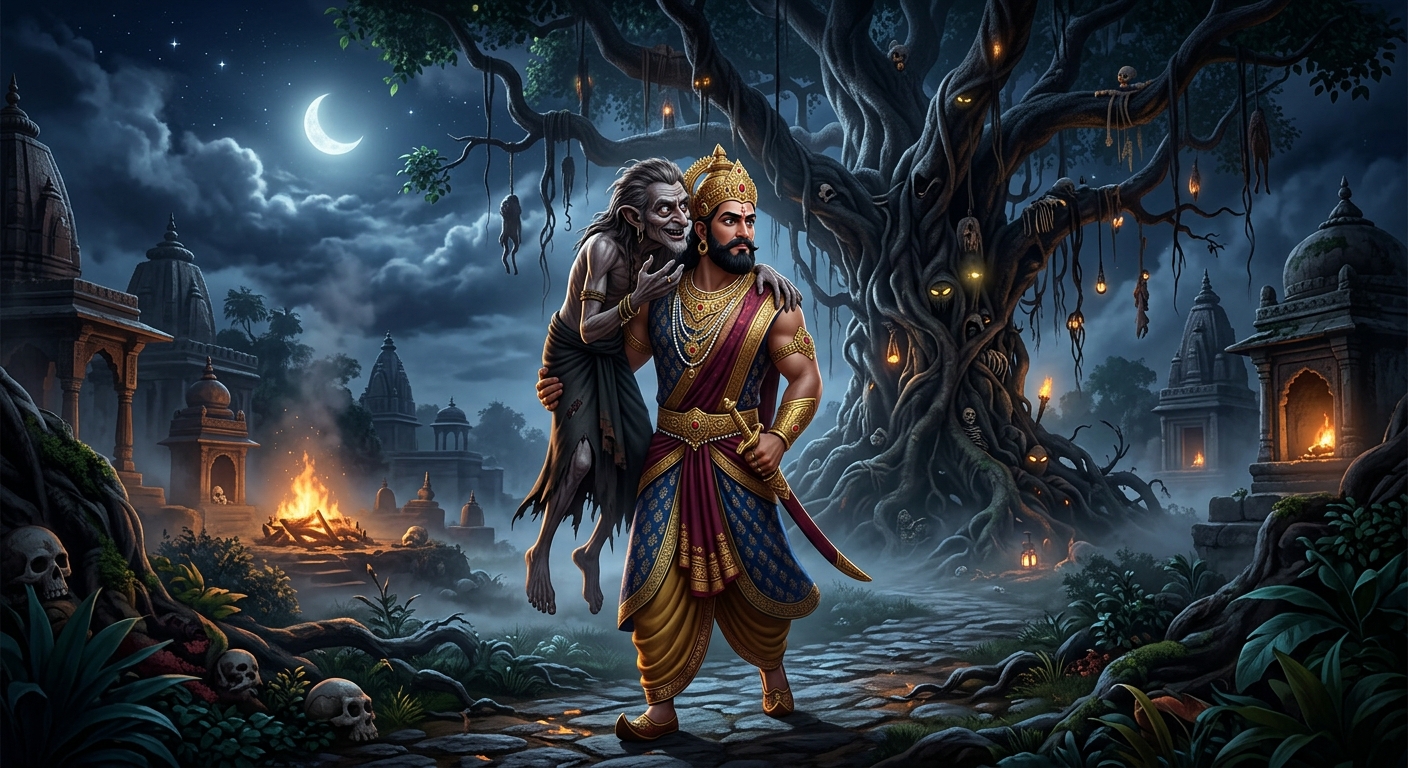 King Vikramaditya carrying Betal near the haunted Shinshapa tree as Betal poses the subtle philosophical riddle