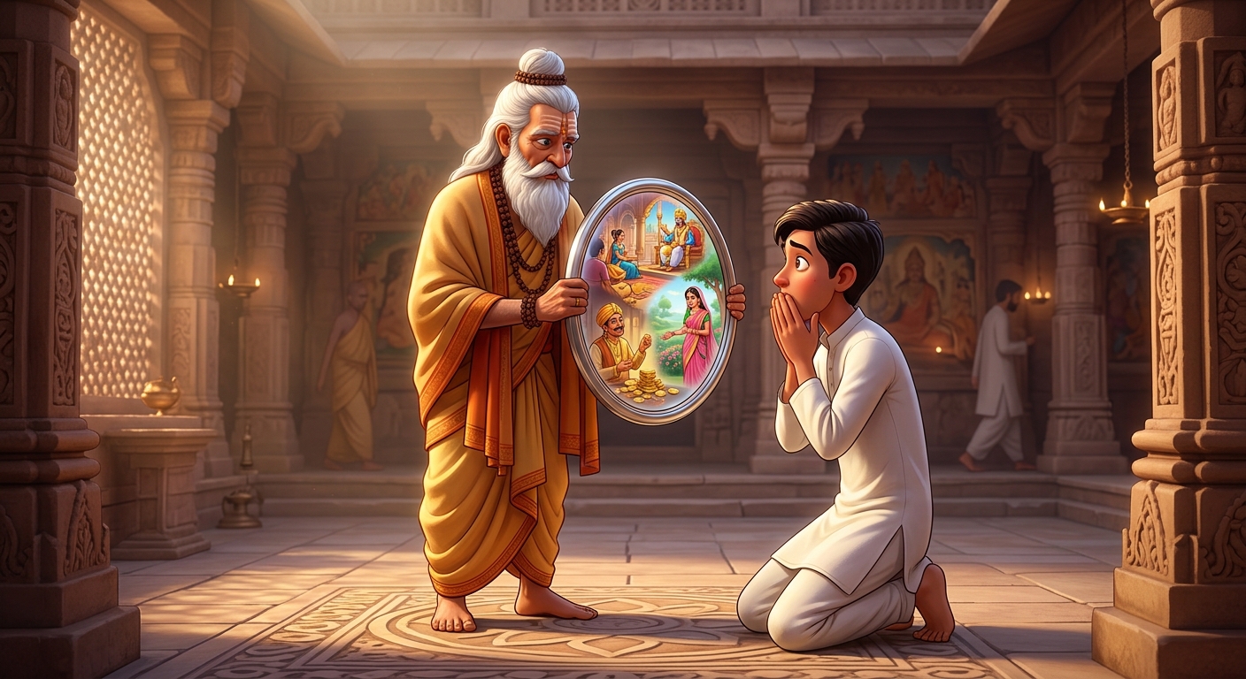 Visual metaphor of the Guru holding a mirror to the disciple's latent desires
