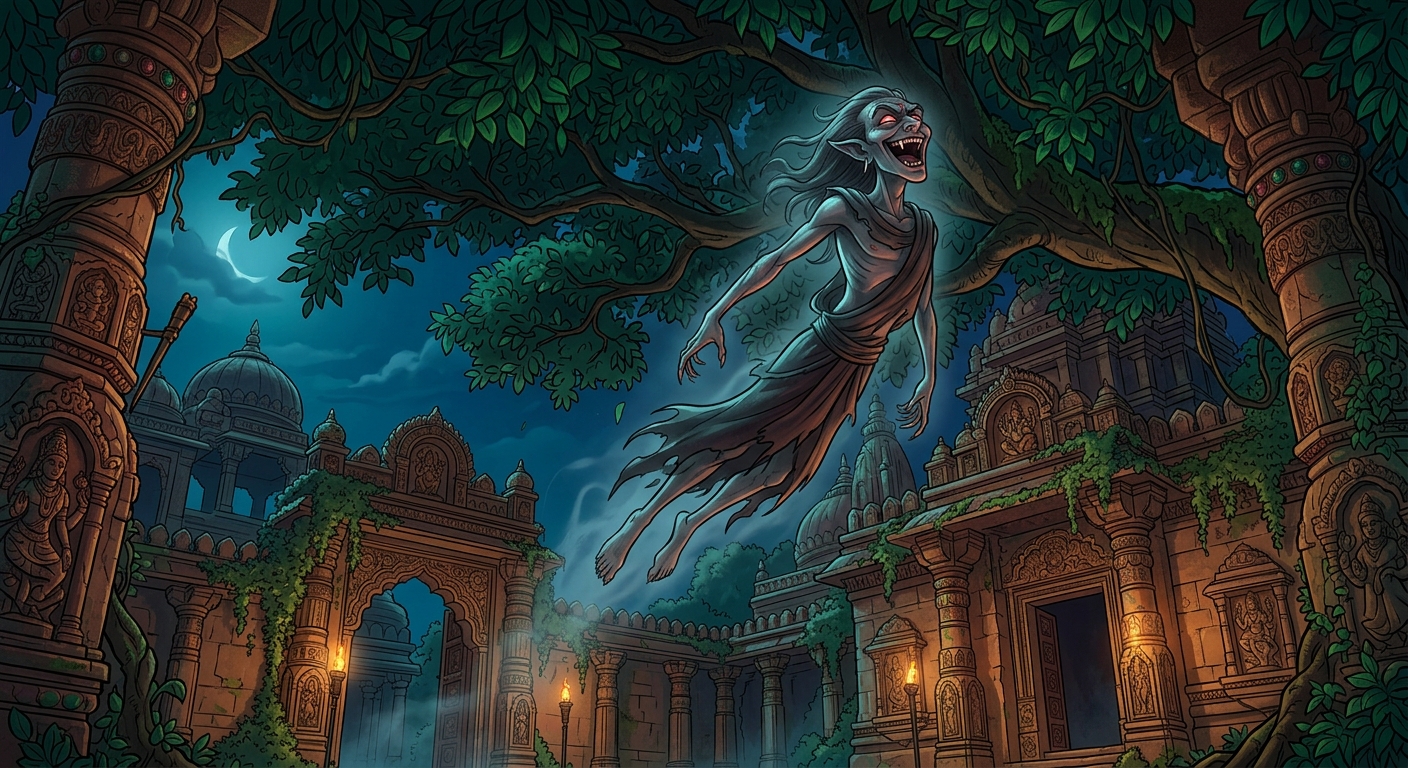Betal laughing hysterically as he takes flight into the pitch-black canopy of the Shinshapa tree