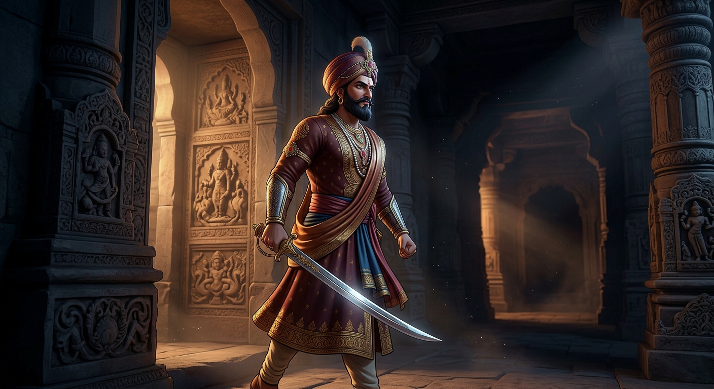 King Vikramaditya firmly gripping his sword and returning into the darkness with unyielding determination