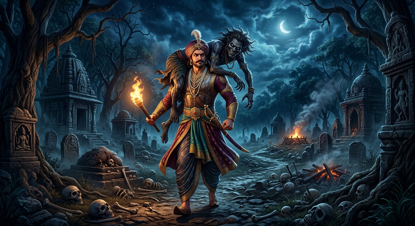 King Vikramaditya carrying Betal through the dark cremation ground under the eerie midnight sky