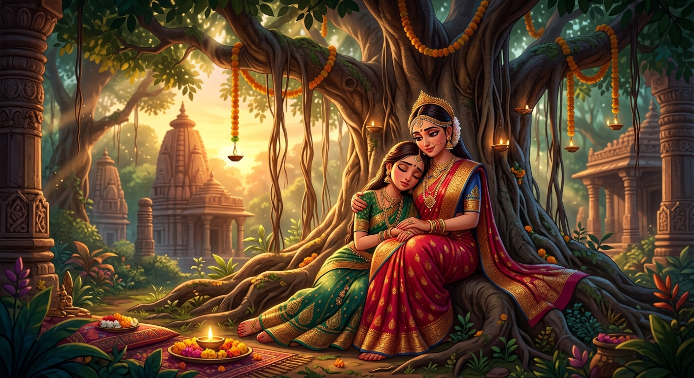 Queen Chandravati embracing and consoling her weary daughter under a forest tree