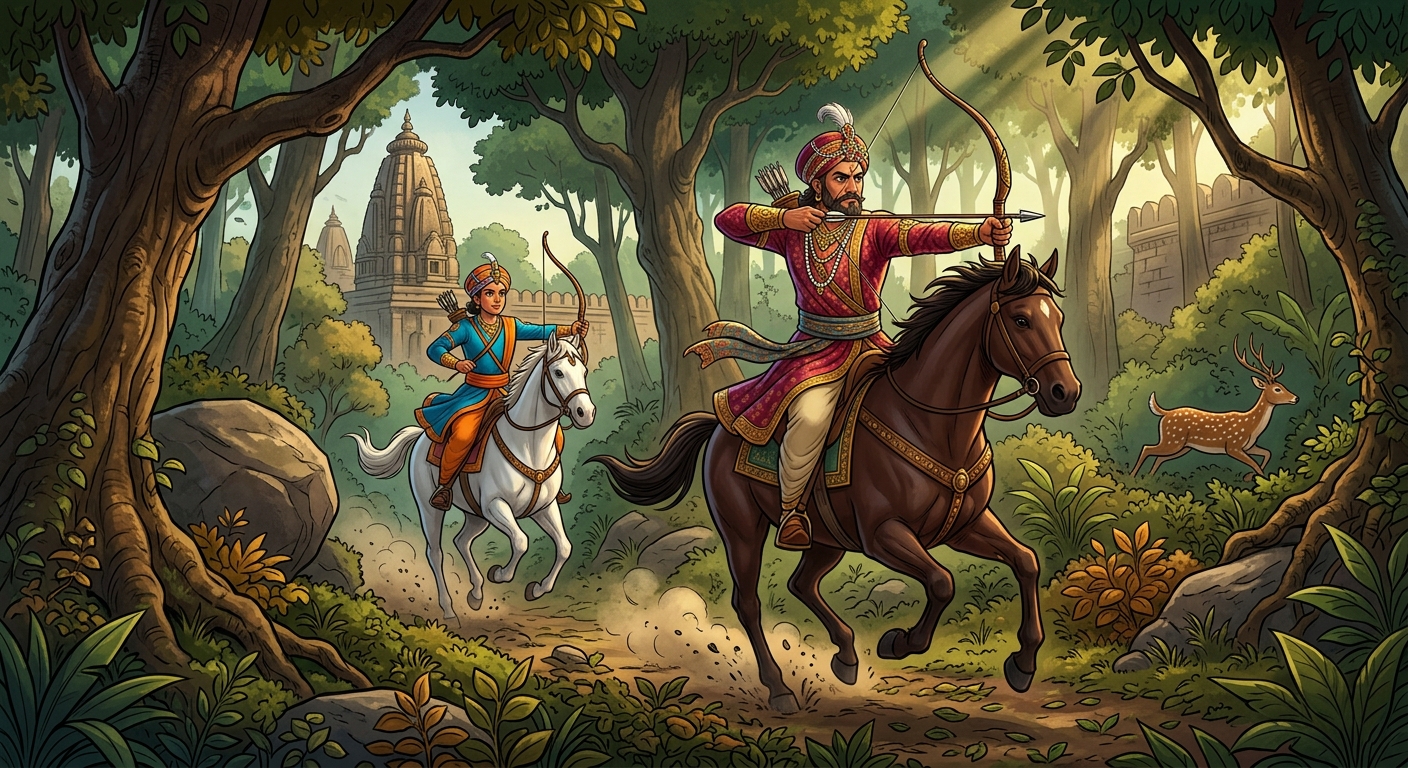 King Chandrasimha and Prince Simhavikrama hunting on horseback through the Vindhya woods