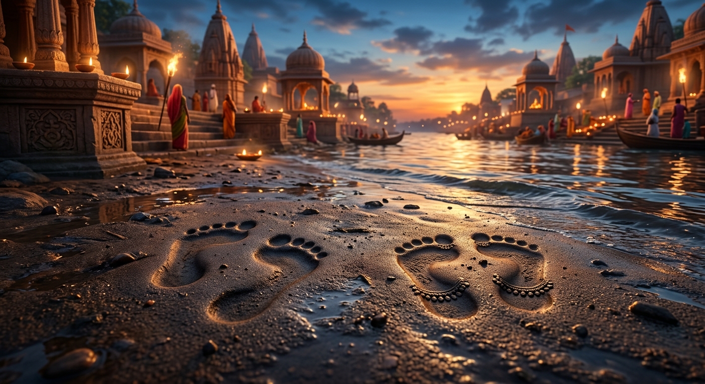 Close up of the two distinct sets of footprints in the wet sand by the riverbank