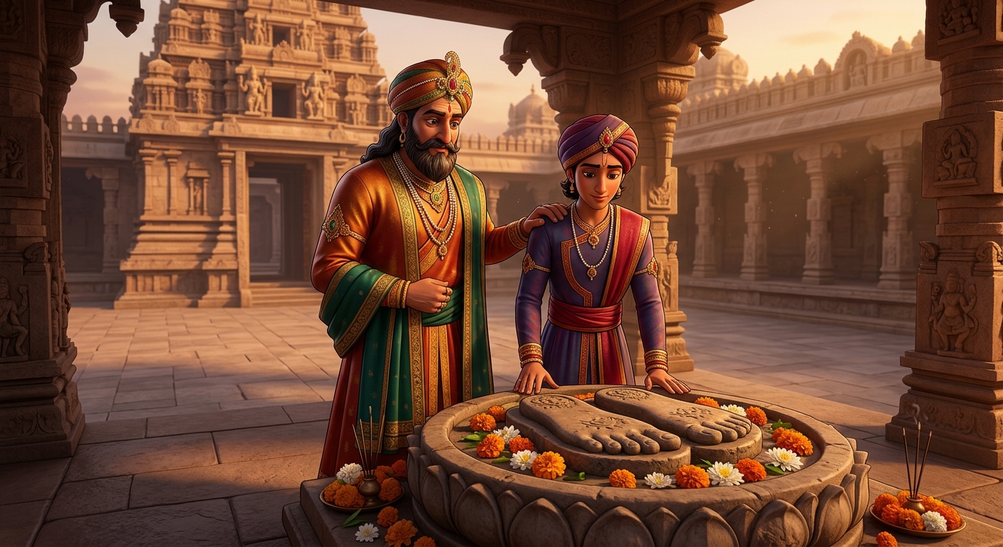 King Chandrasimha and Prince Simhavikrama making a solemn marriage pact over the footprints