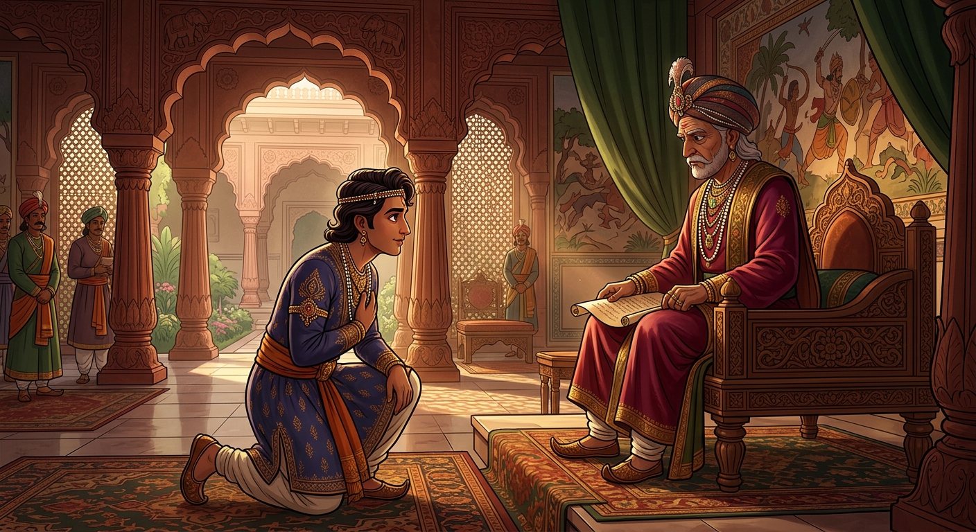 Prince Simhavikrama respectfully agreeing to his father's solemn marriage pact