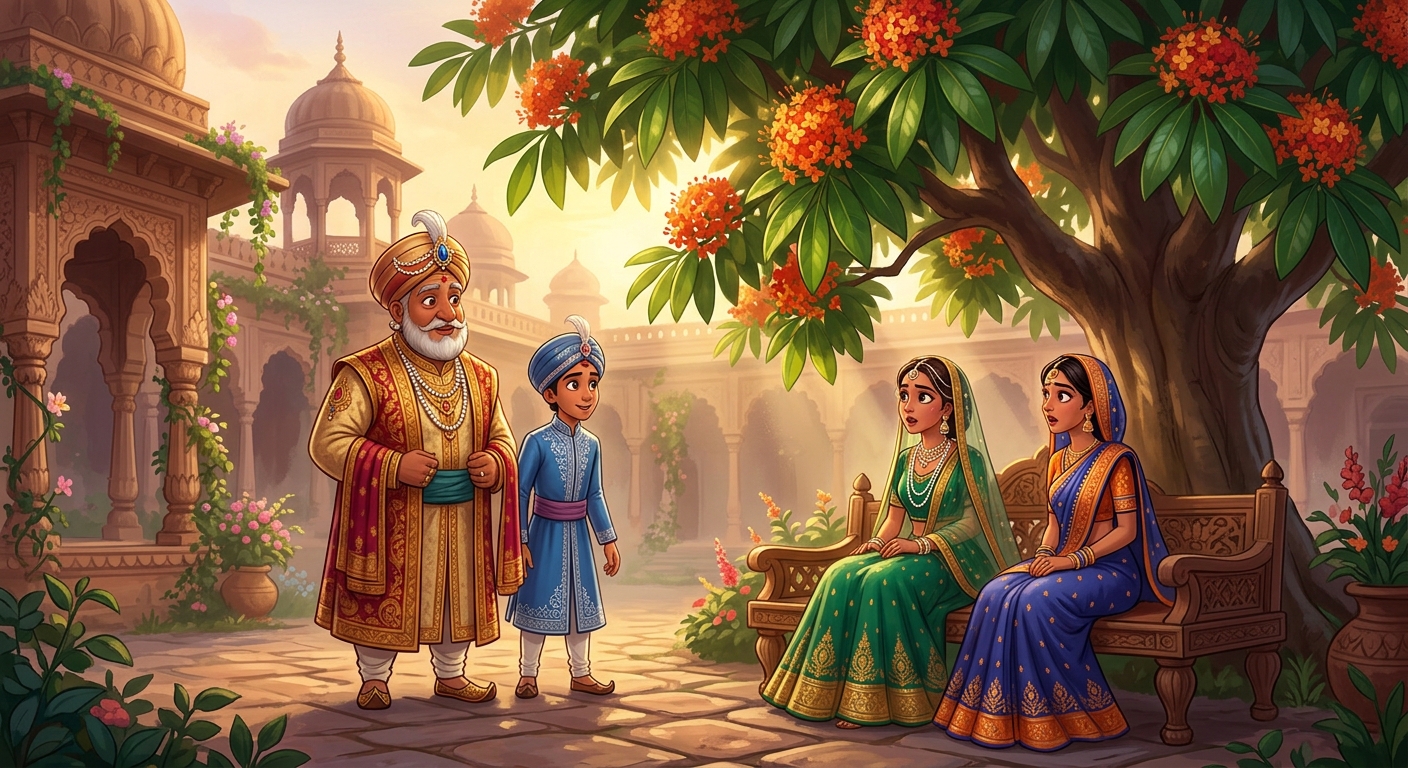 The King and Prince discovering the two noble royal ladies under an Ashoka tree