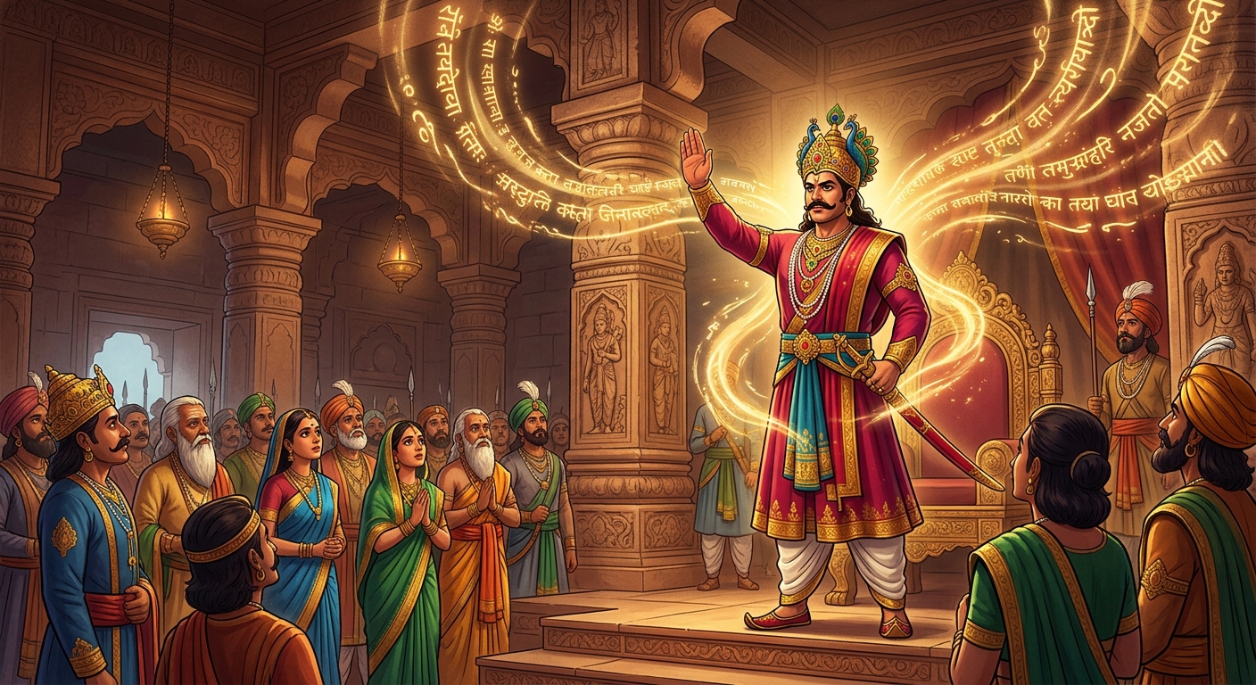 King Chandrasimha declaring that a Kshatriya's spoken word cannot be broken under any circumstance