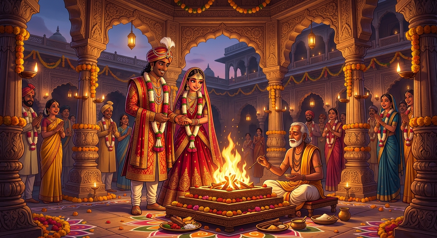 King Chandrasimha marrying Princess Lavanyavati before the sacred Vedic fire