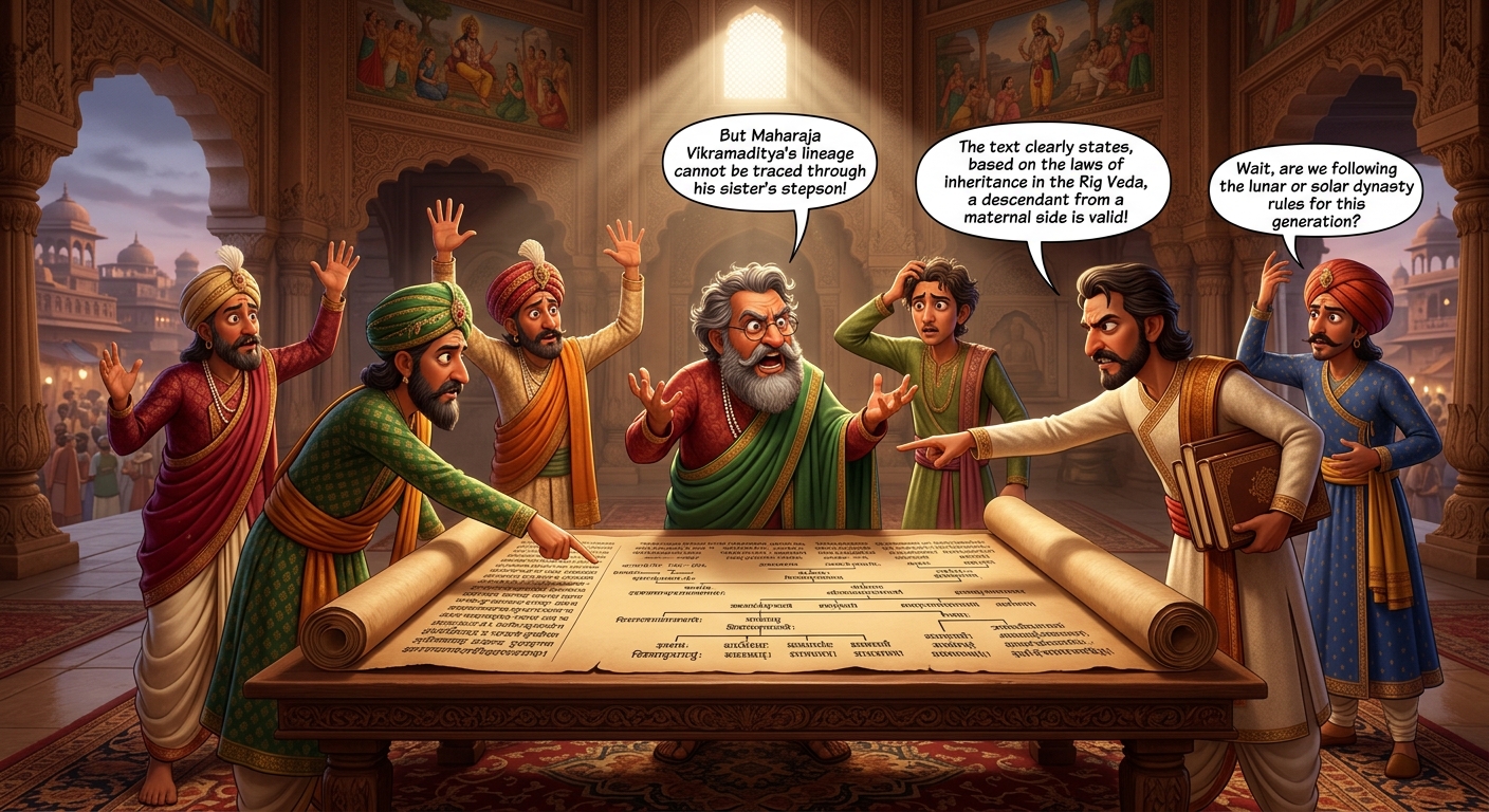 Court genealogists and legal scholars furiously debating the family tree in utter bewilderment