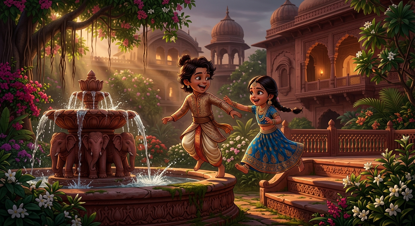 The royal children playing joyfully in the palace gardens, unaware of the metaphysical knot they represent