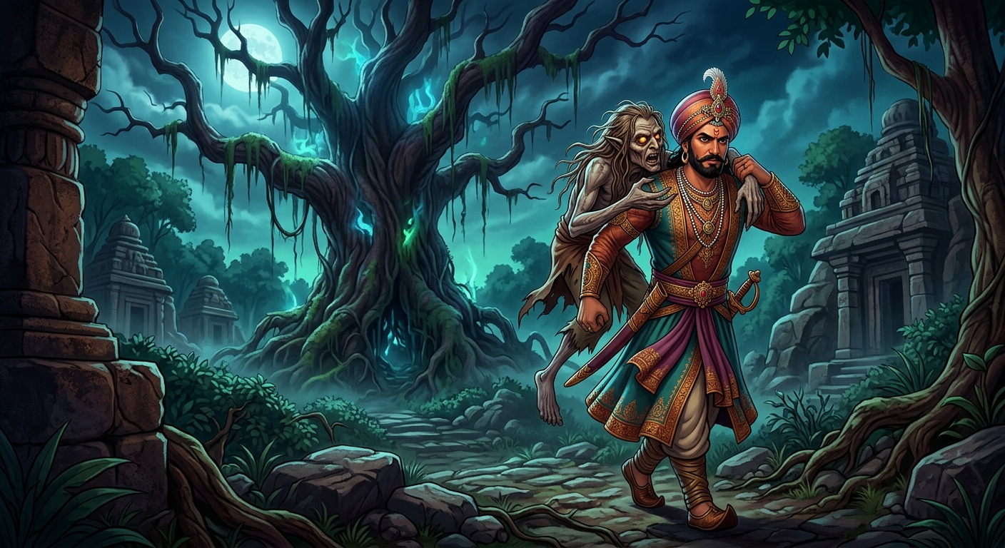 King Vikramaditya carrying Betal near the haunted Shinshapa tree as Betal poses the ultimate kinship conundrum