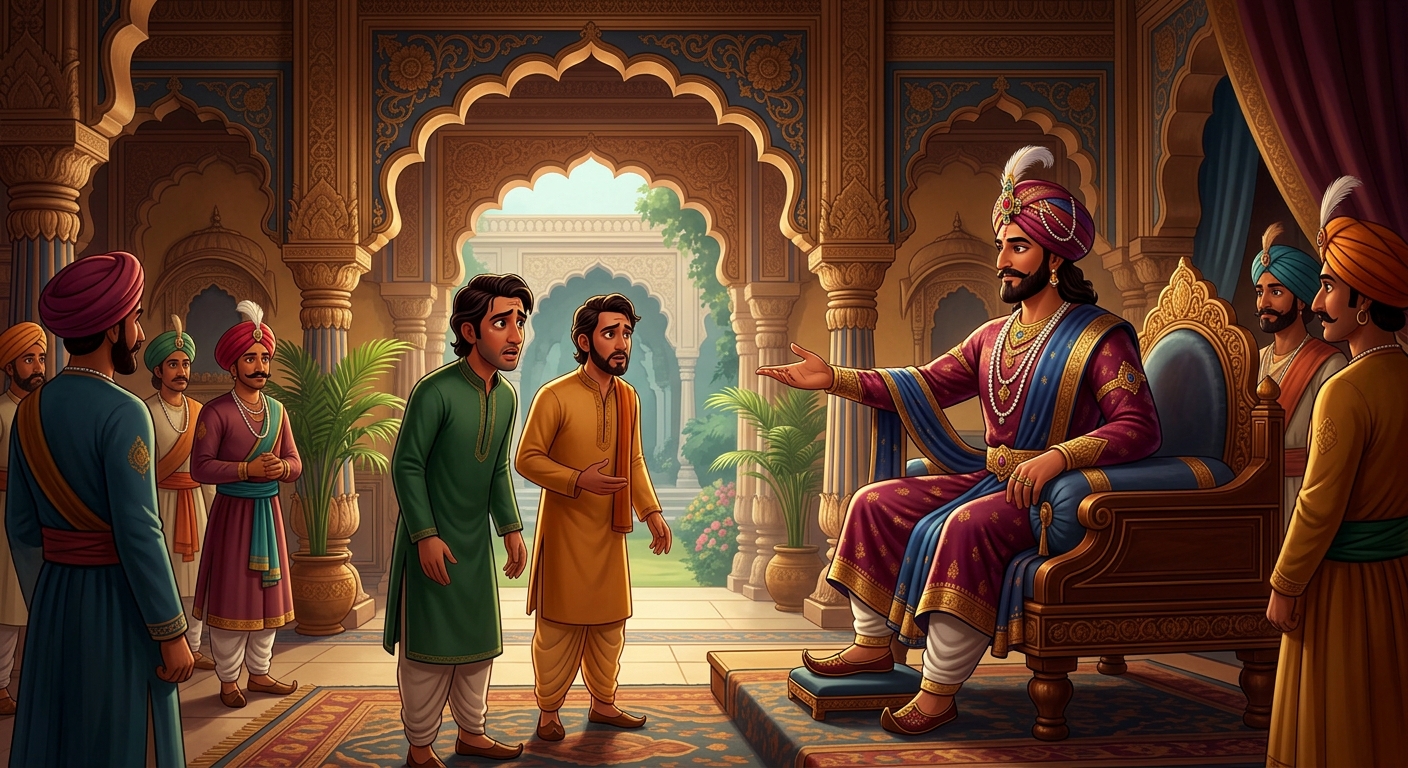King Vikramaditya calmly delivering his comprehensive, infallible verdict on the kinship conundrum