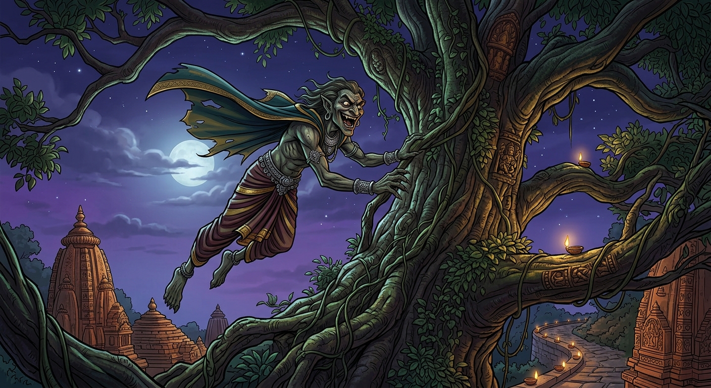 Betal cackling wildly and flying high into the dark branches of the Shinshapa tree