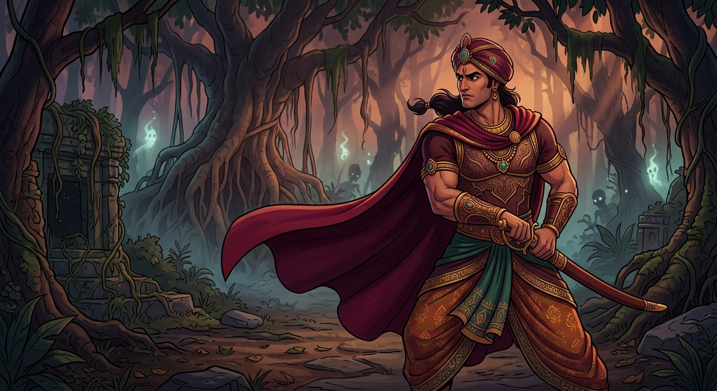 King Vikramaditya firmly gripping his sword and turning back into the haunted forest with unyielding resolve